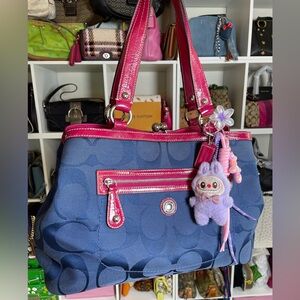 Coach Laura Signature Kisslock Satchel in Navy and Fuchsia